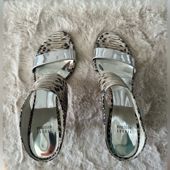Stuart Weitzman Snakeskin & Silver Chic Strappy Heels | Size 9.5 - Picture 2 of 6